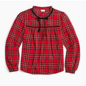 Velvet tie neck top plaid